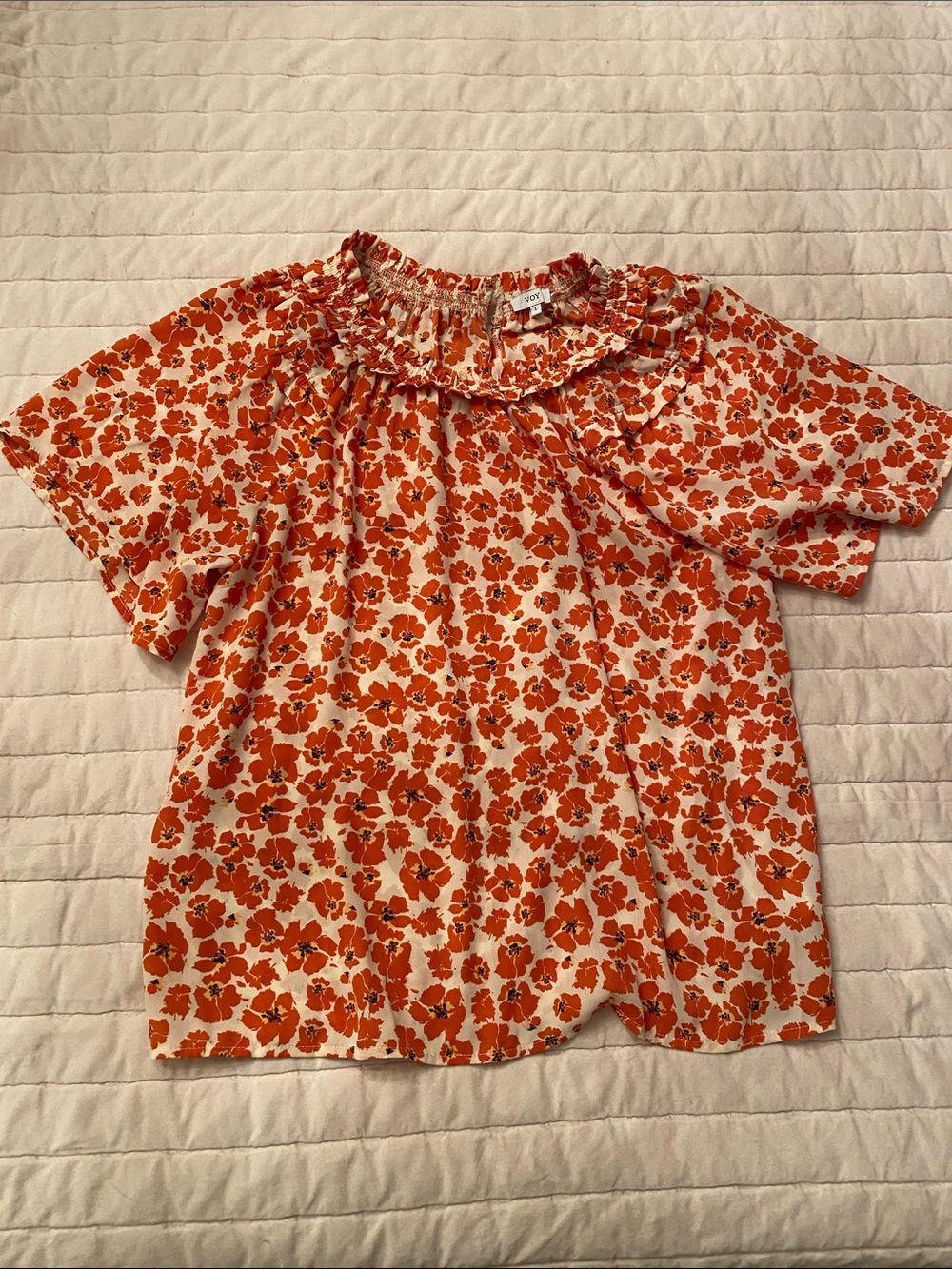 Voy Floral Ruffle Neck Women’s Top in Orange